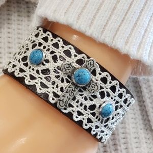 Handmade Leather and Lace Turquoise Cross Bracelet